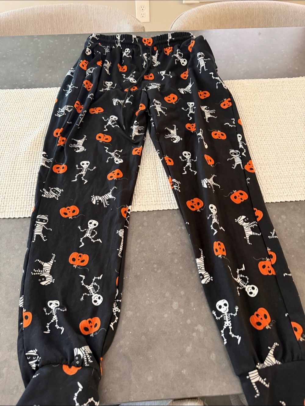 shosho Black Pajama Pants with Orange Pumpkin & White Skeleton Print BNWOT